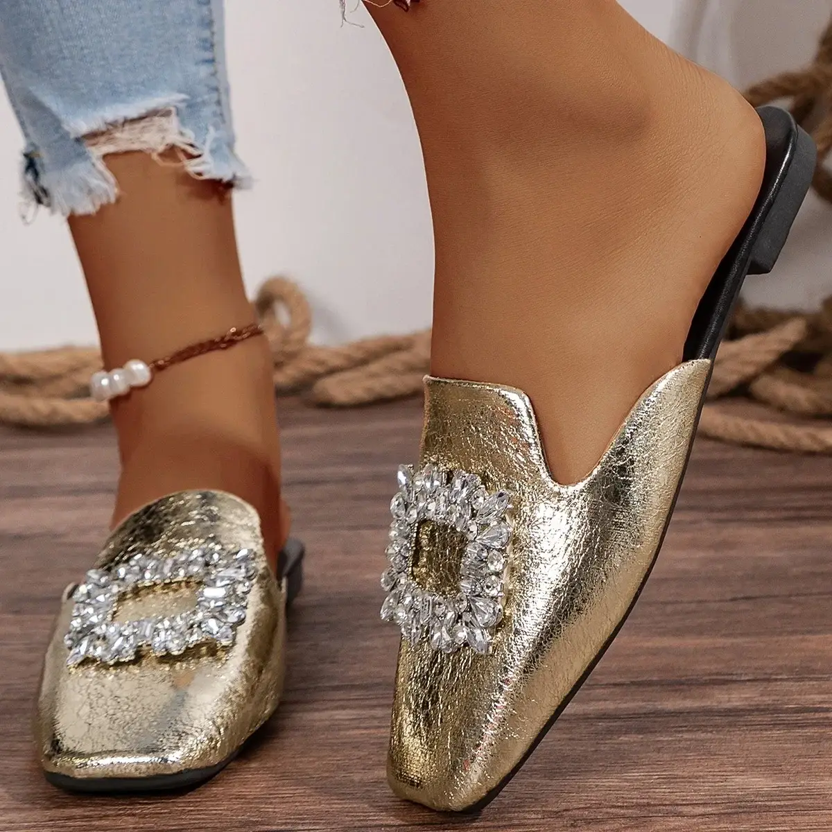Women's Square Toe Flat Slippers Buckle Mules