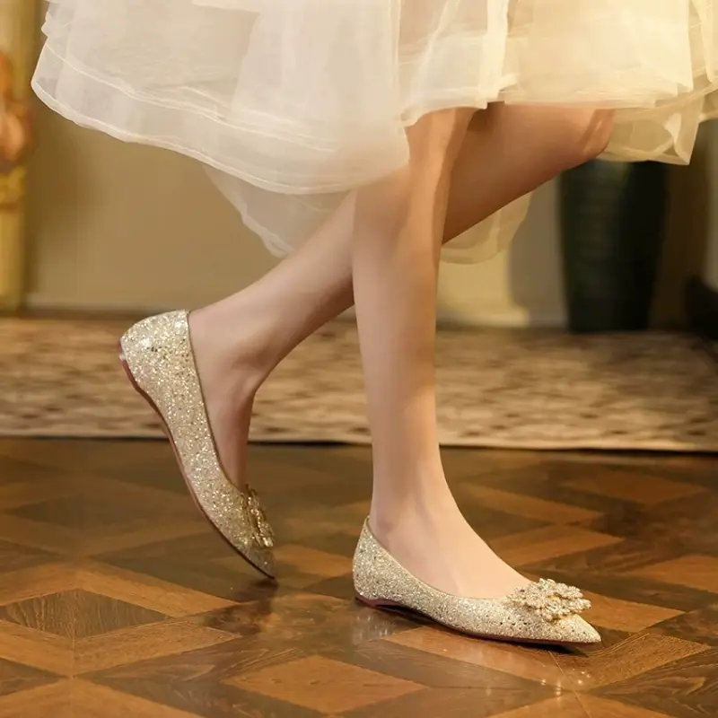 Women's Flat Shoes, Pointed Toe, Low Heel, Rhinestone Wedding Shoes, Bridal Shoes