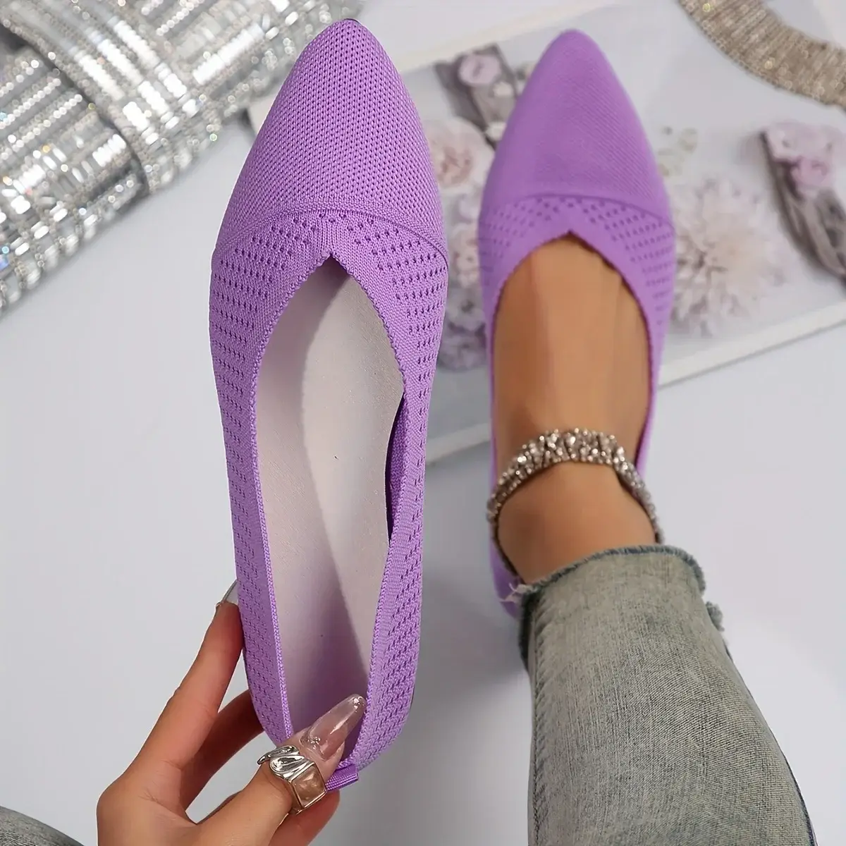 Women's Pointed-Toe Flat Shoes, Solid Color Knit Slip-On Women's Shoes, Casual Breathable Flat Shoes