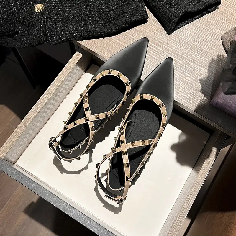 Women's Flat Shoes With Pointed Toes, Cross Straps, And Rivet Design