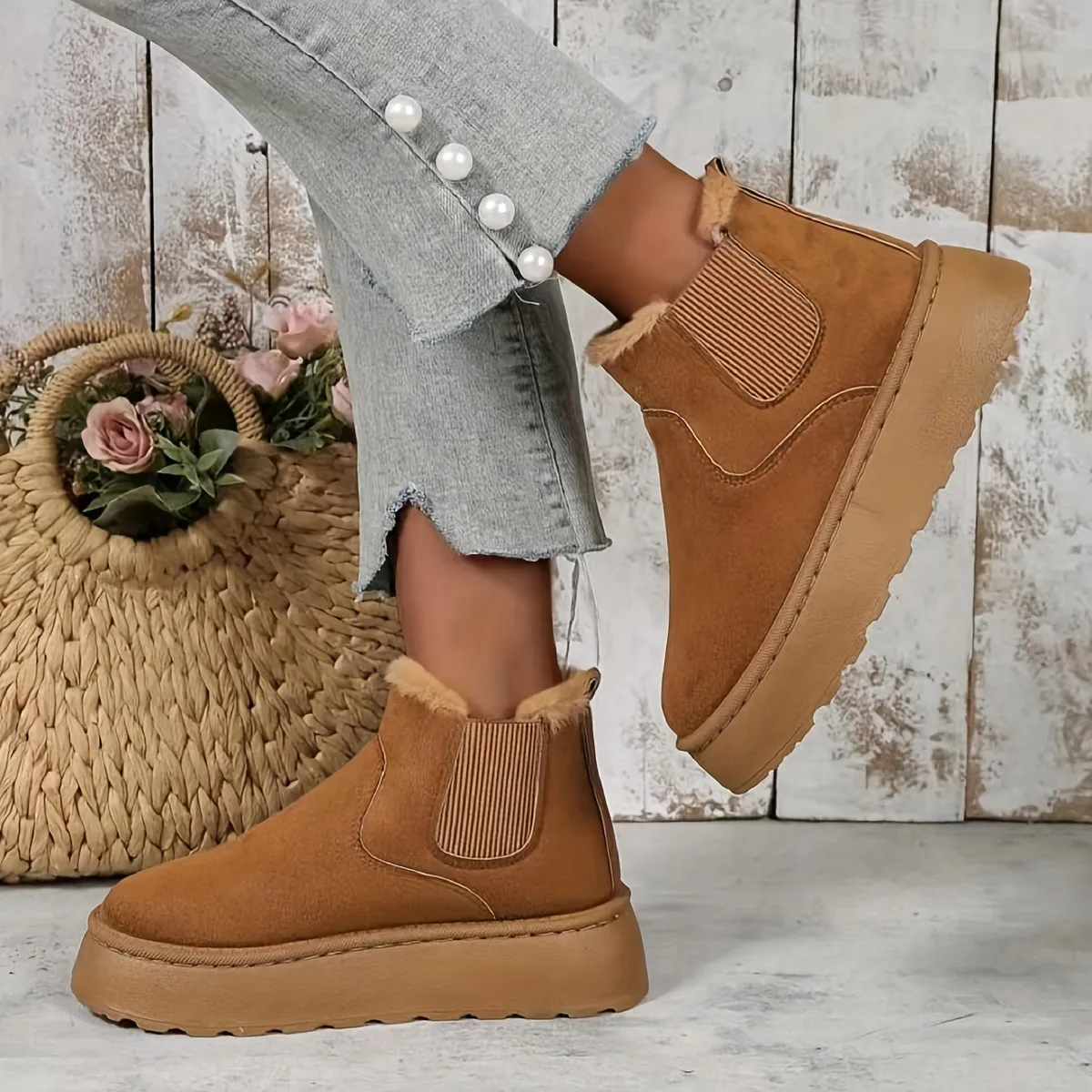 Autumn Winter Women's Thick-soled Snow Boots The Cotton Shoes Have A Fleece Lined Interior Round Toe Slip-On
