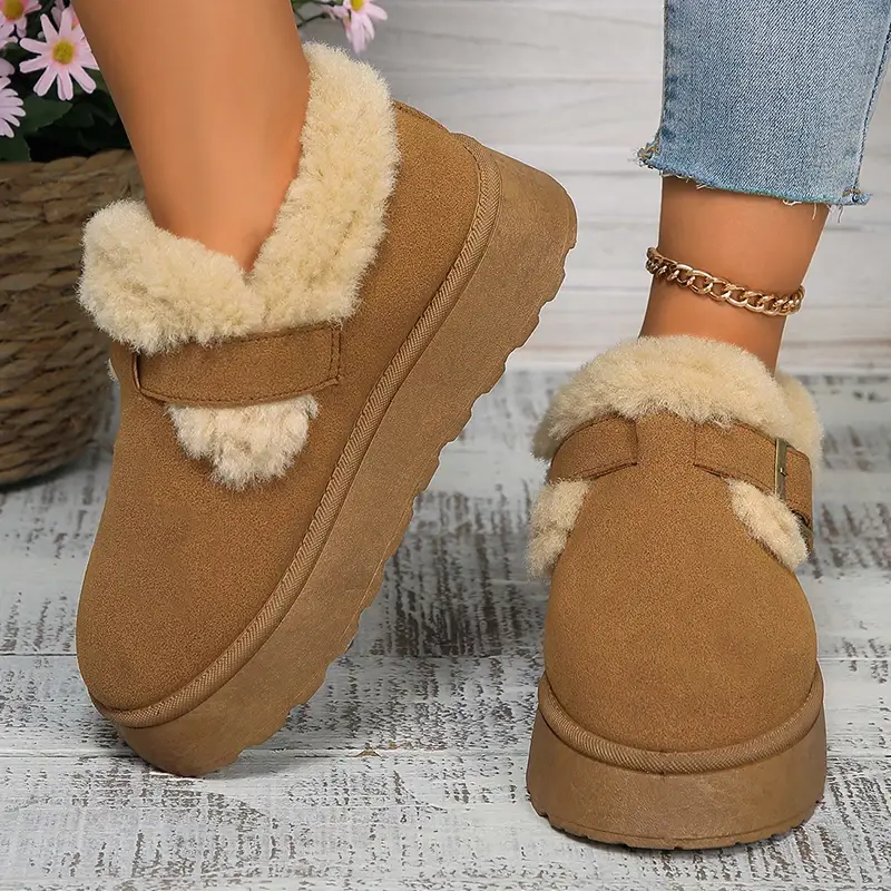 Autumn Winter Women Plush Snow Boots Shallow Buckl...