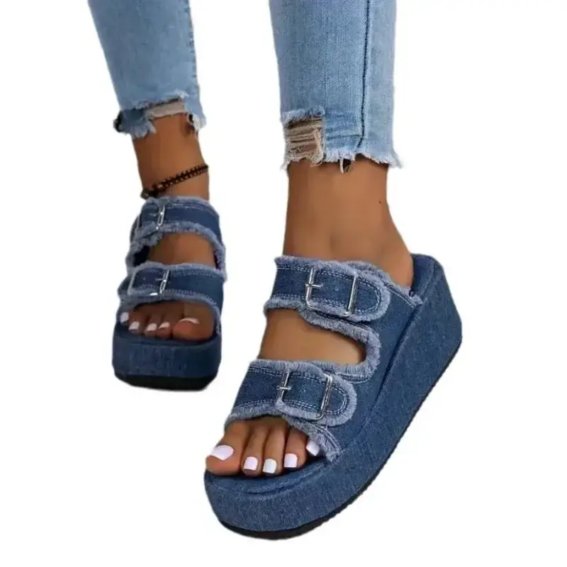 Cowboy Wedges Slippers Shoes Women Platform Buckle Flip Flops