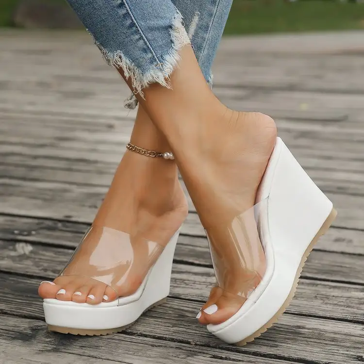 Women Fashion Chunky Heels Slippers Wedges Heels Casual Shoes PVC Transparency Slippers Sexy Lady Sandals