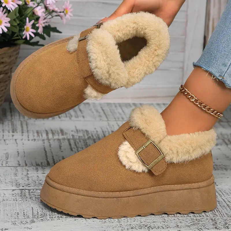 Autumn Winter Women Plush Snow Boots Shallow Buckle Thick Bottom Warm Boots Suede Fur Flat Platform Cotton Shoes