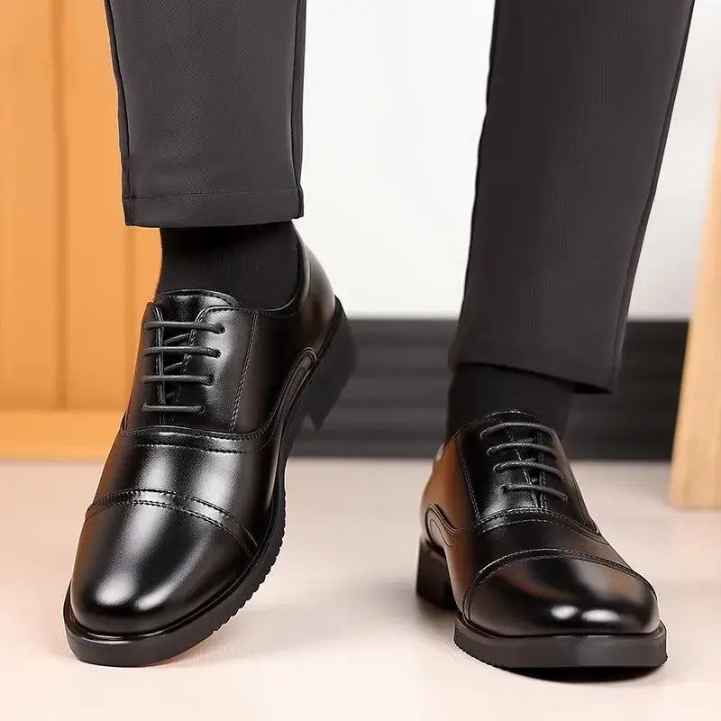 Genuine Leather Oxford Shoes Three-Buckle Formal Business Casual Shoes Heightening Men's Genuine Leather Commuting Grooming Shoe