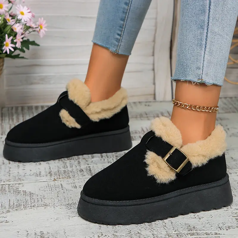 Autumn Winter Women Plush Snow Boots Shallow Buckle Thick Bottom Warm Boots Suede Fur Flat Platform Cotton Shoes