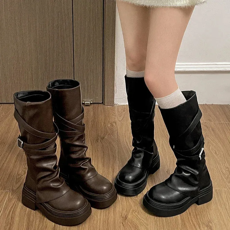 Vintage Thick Heel Women Knight Long Boots Fashion Slip On Boots Autumn Winter Shoes