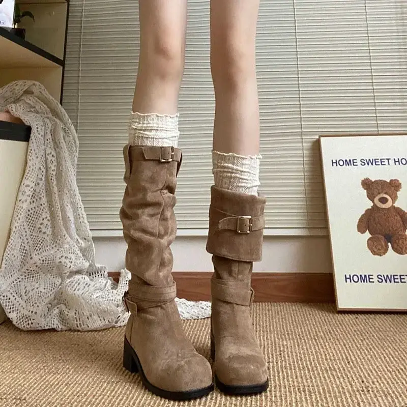 Wrinkled Boots for Women's Coarse Heeled Long Boots