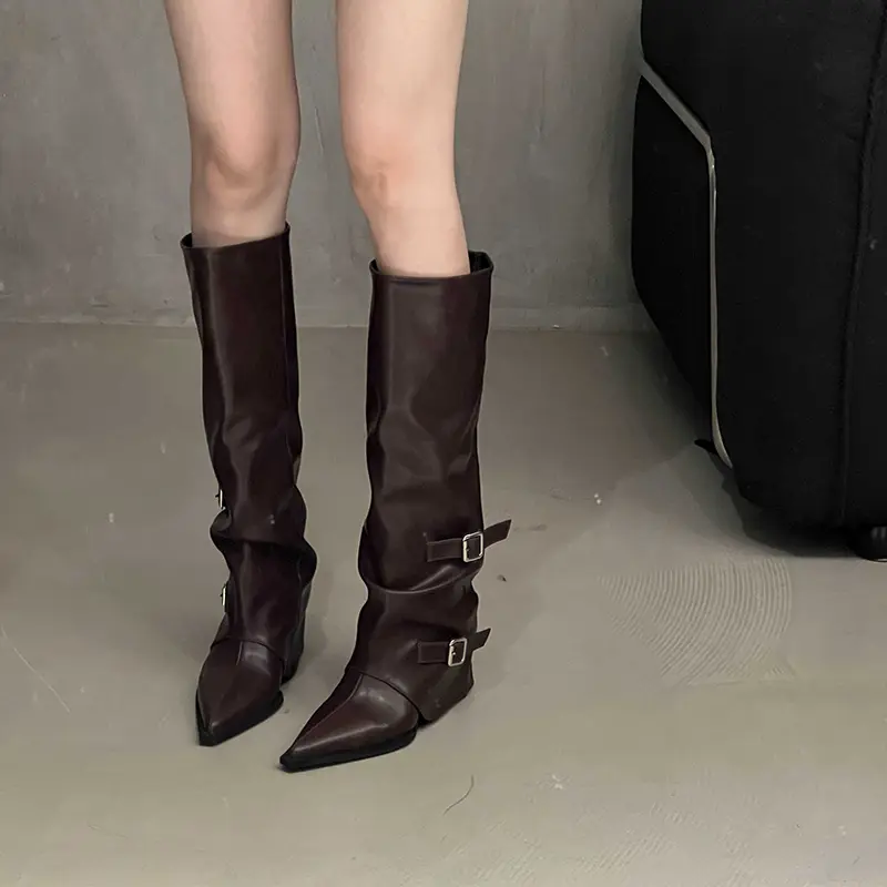 Retro Style Women Knee High Boots Fashion Belt Buckle Shoes Autumn Winter Heel Women's  Long Booties