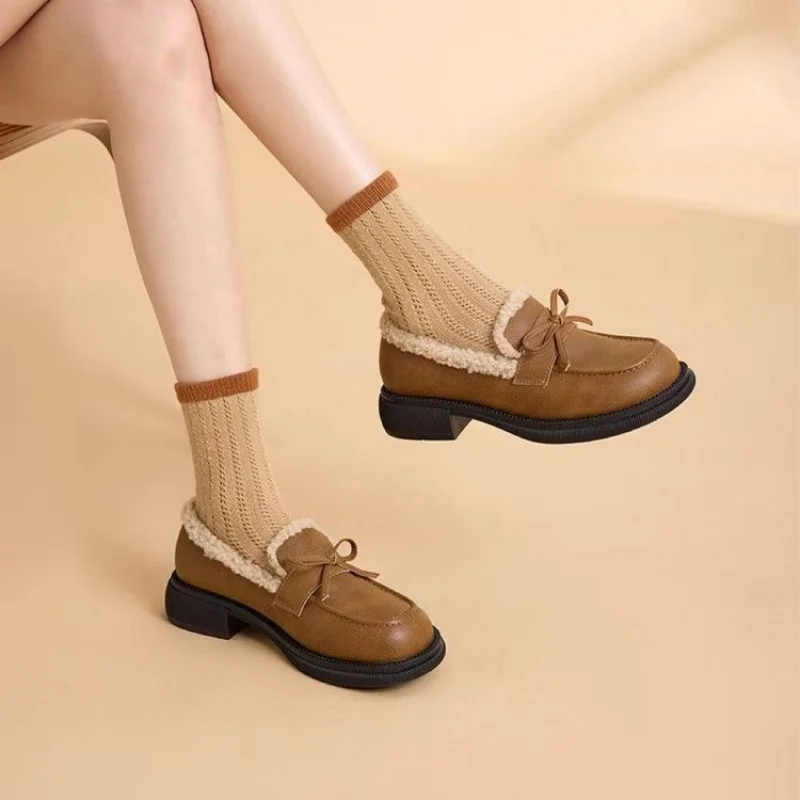 Women's Fur Lined Loafers - Round Toe Low Heel Bow Decor Slip-On