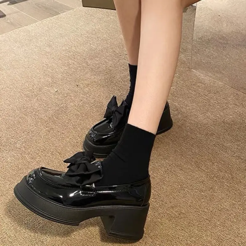 Women's Vintage British Style Platform Loafers with Bow Thick Heel Shoes