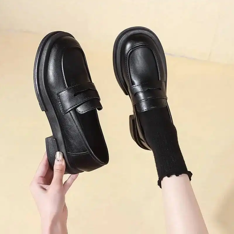 Style Women's Black Leather Loafers British Retro Thick
