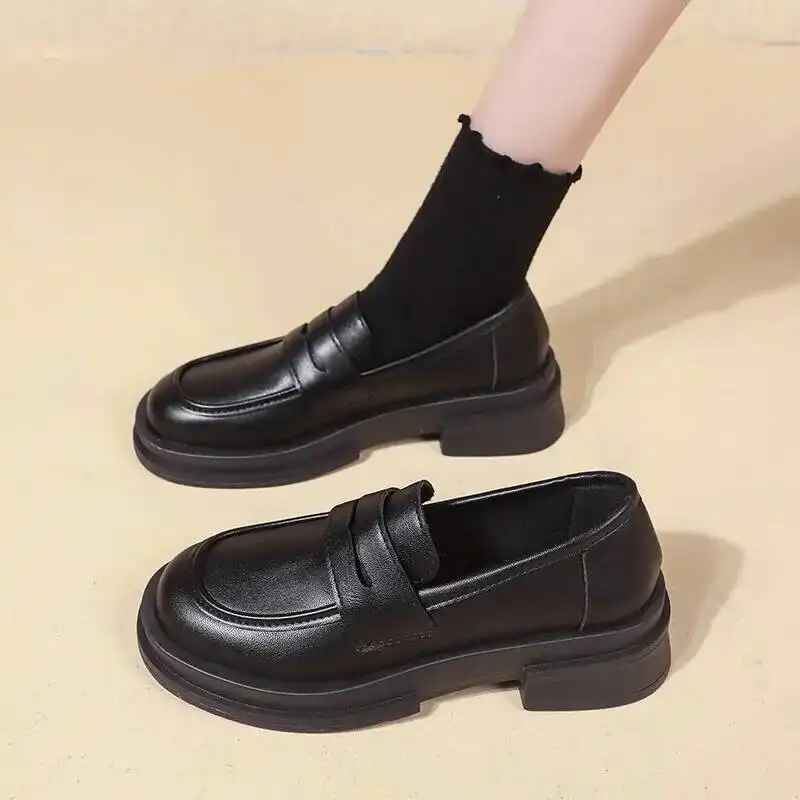 Style Women's Black Leather Loafers British Retro Thick