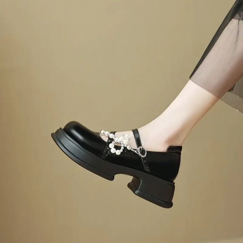 Women's Black Thick Sole Loafer with Pearl Chain Detail