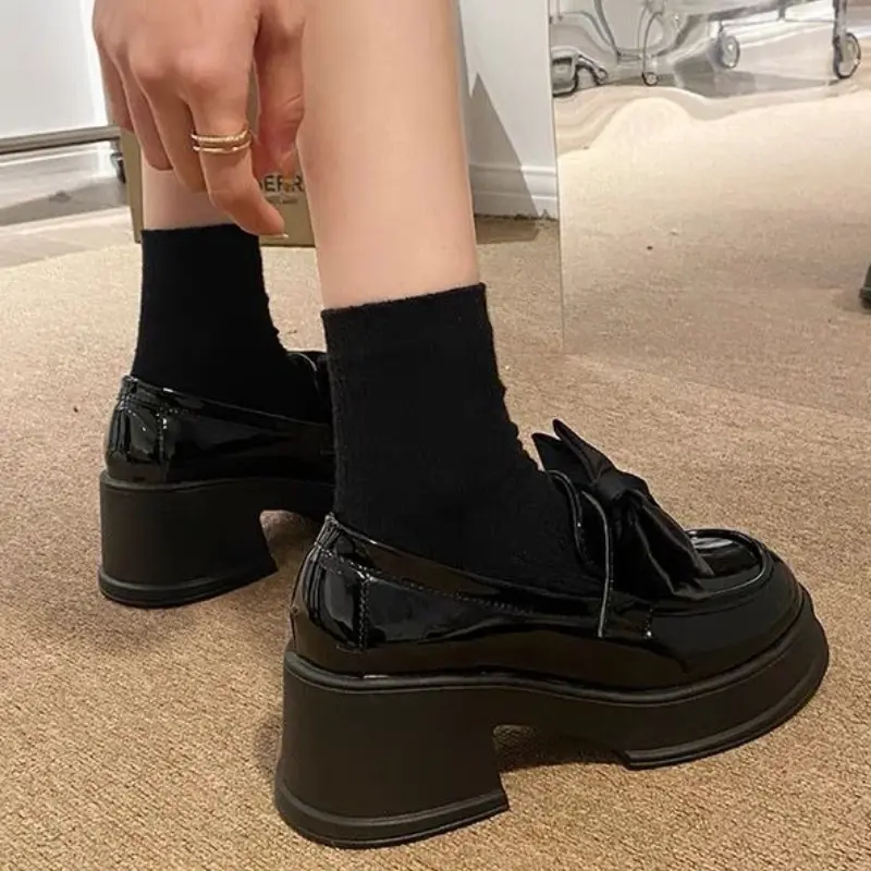 Women's Vintage British Style Platform Loafers with Bow Thick Heel Shoes