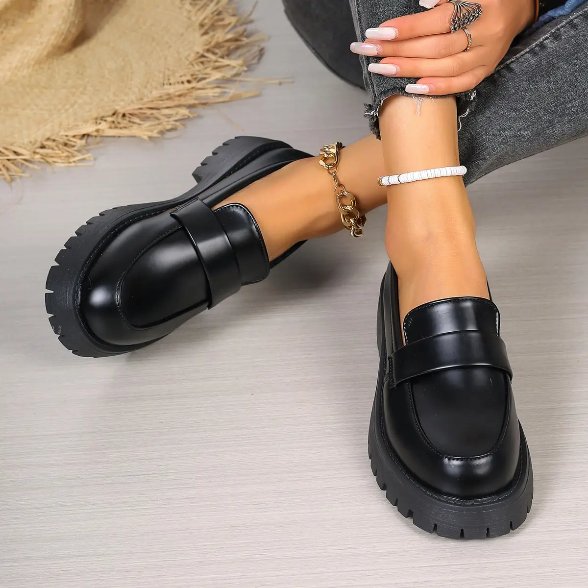 Loafers Women Round Toe Single Shoes Woman Thick Bottom