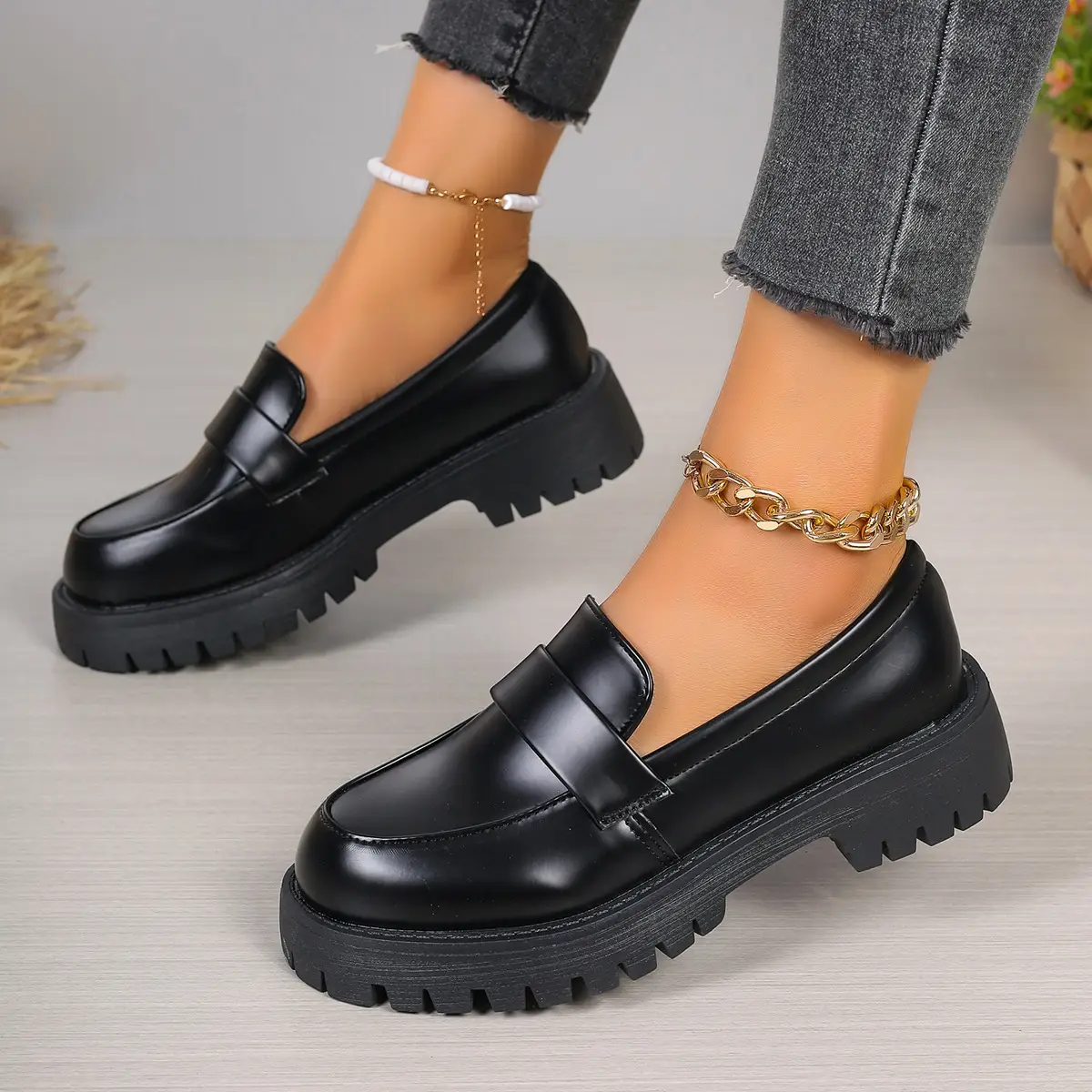 Loafers Women Round Toe Single Shoes Woman Thick Bottom