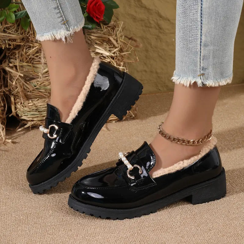 Women's Loafers - Platform Pearl-Embellished Slip-On Flats