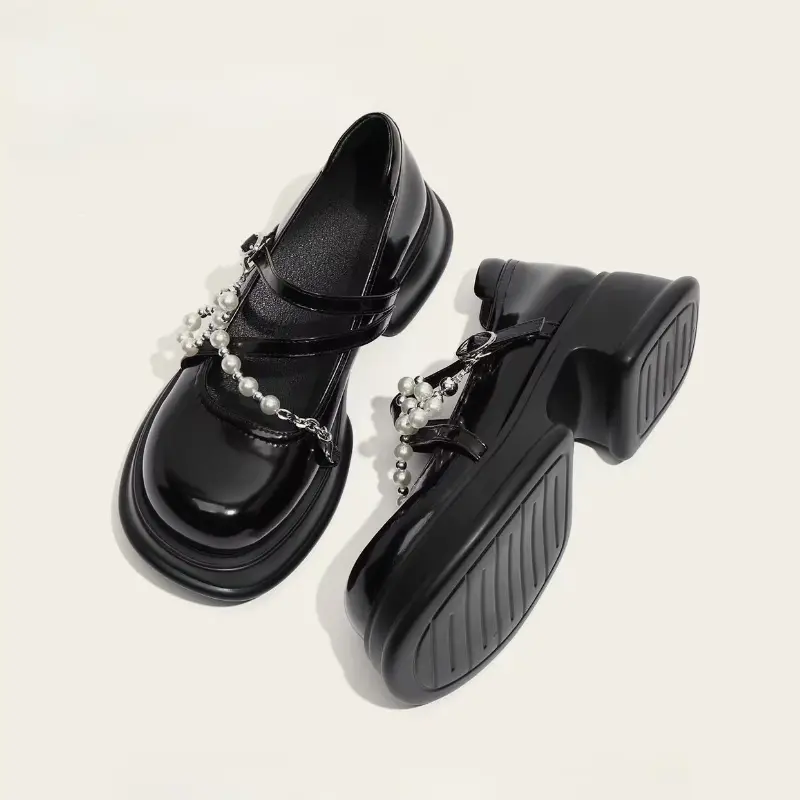 Women's Black Thick Sole Loafer with Pearl Chain Detail