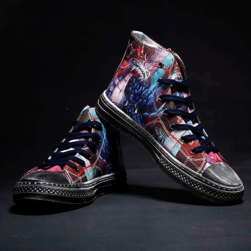 Men Shoes Fashionable And High-End Abstract Graffiti Personality Men's Sports Shoes Hip-Hop Street Dance Ethnic Style Canvas Shoes