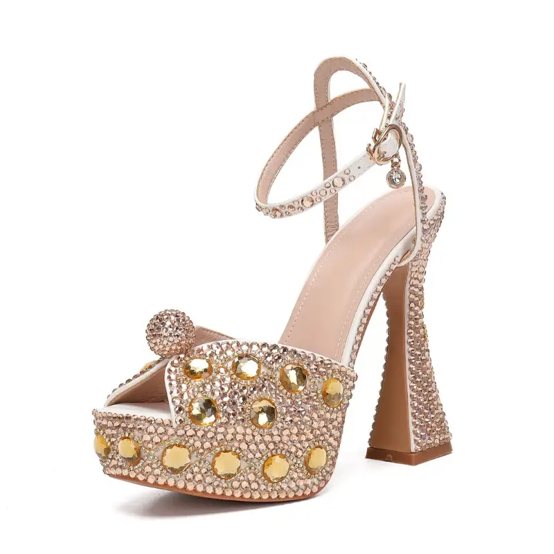 Elegant Open-Toe Crystal High-Heeled Shoes With Rhinestone Sequins