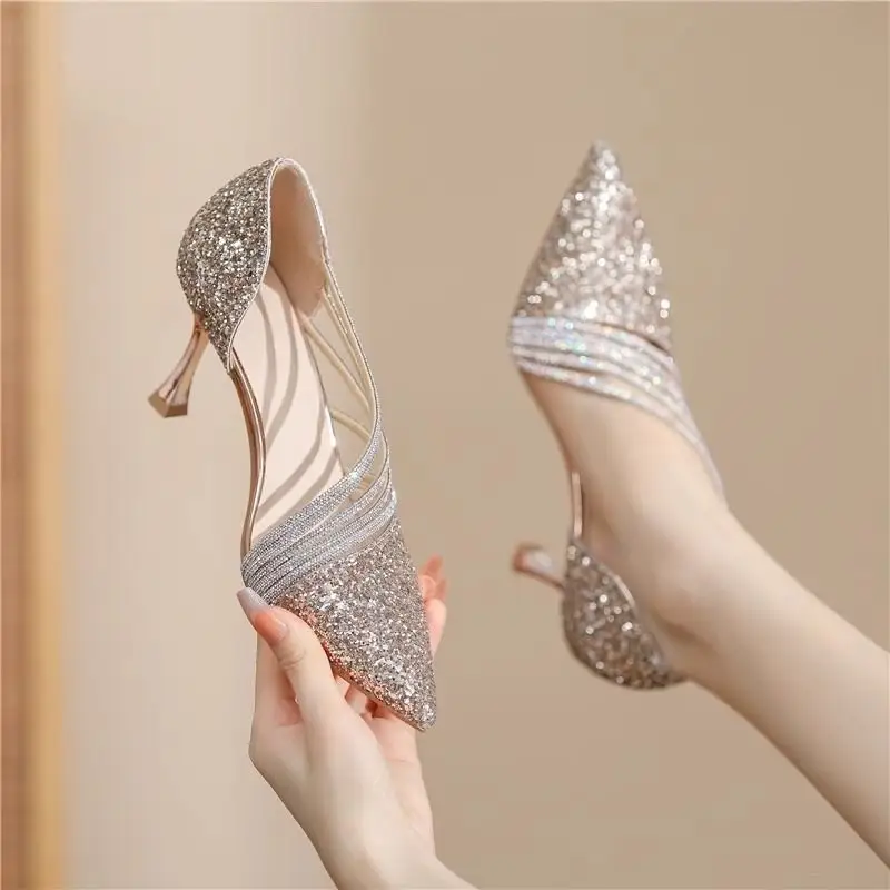 Sexy Pointed-Toe Women's High Heels Sparkling Crystal Wedding Shoes