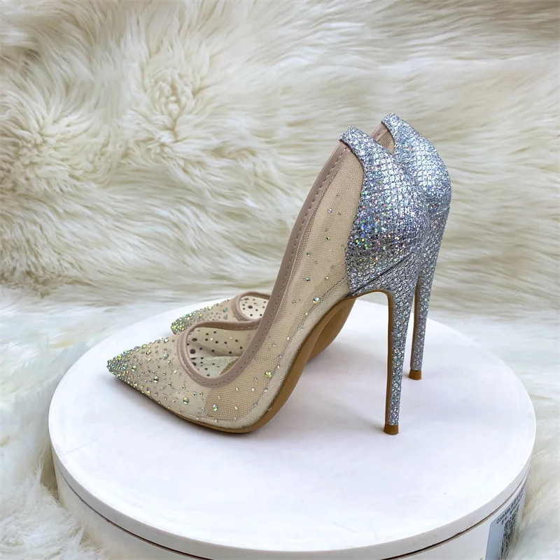 Pointed-Toe Breathable Stiletto Heels With Rhinestone Sequins - Elegant Women's High Heels
