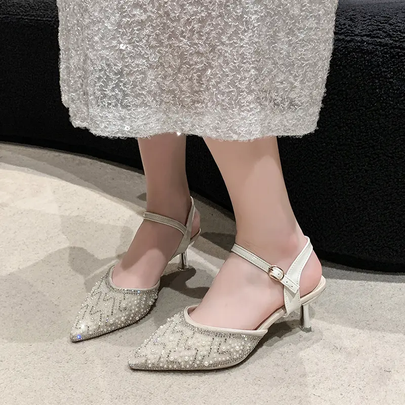 Stylish Crystal Sandals With Pointed Toe, Pearl Se...