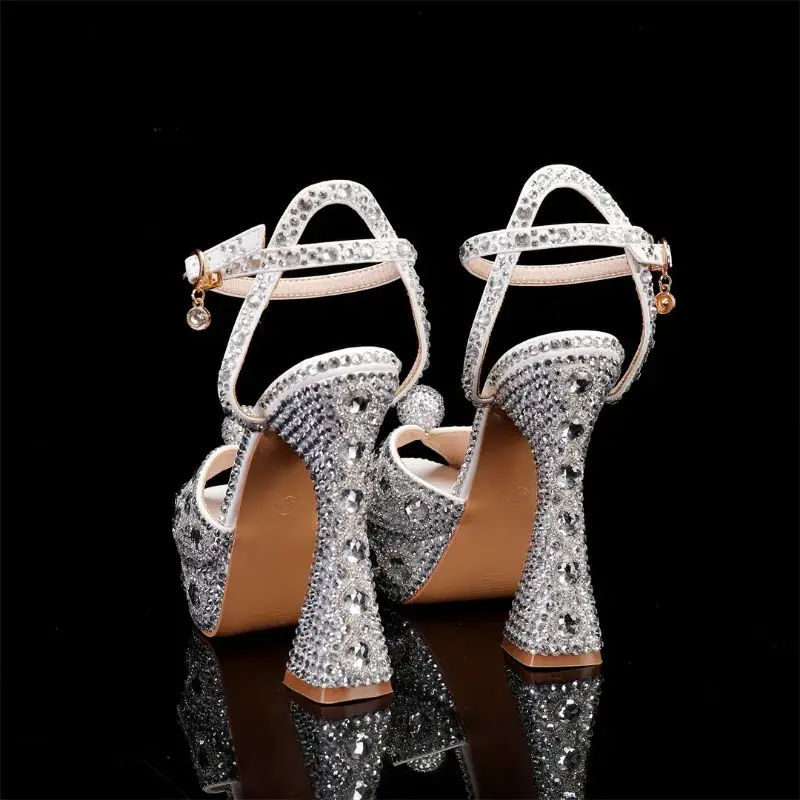 Elegant Open-Toe Crystal High-Heeled Shoes With Rhinestone Sequins