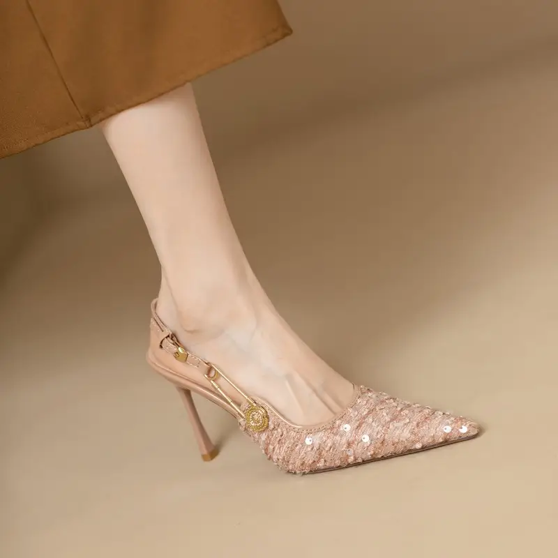 Pointed-Toe Stiletto Heels, Sequined Fabric Buckle, Evening Shoes