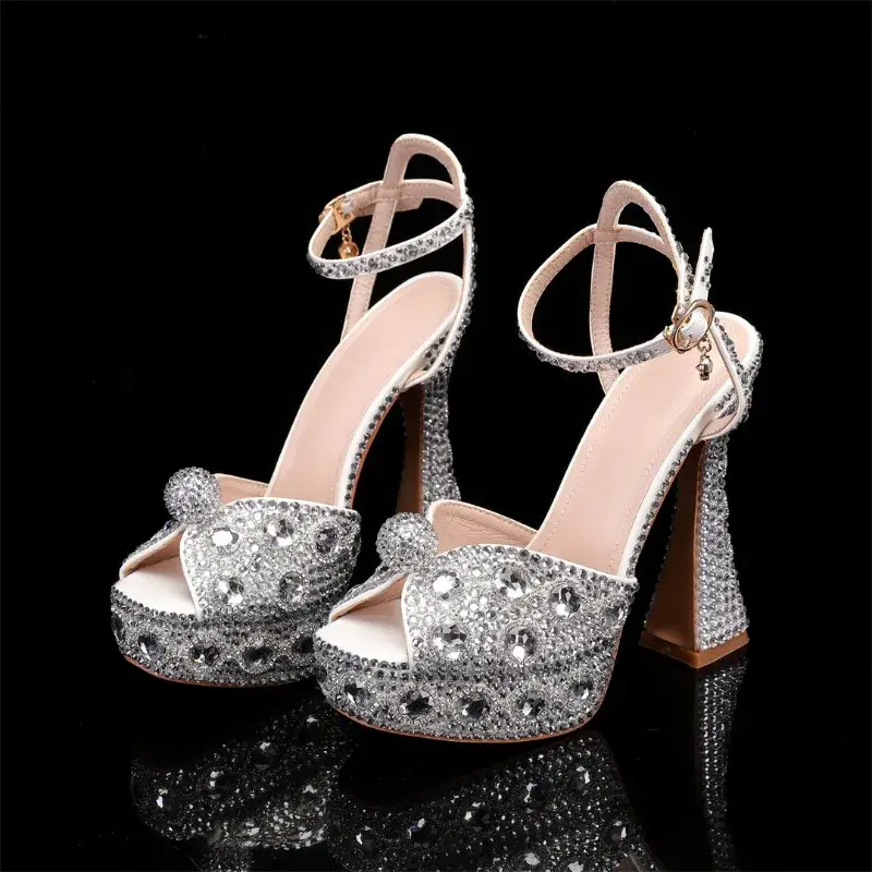 Elegant Open-Toe Crystal High-Heeled Shoes With Rhinestone Sequins