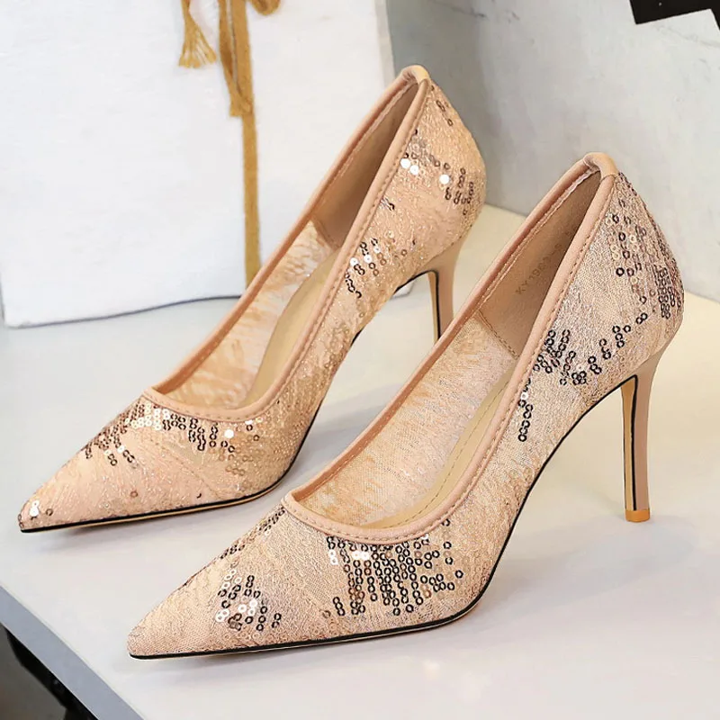 Crystal Sequined Pointed-Toe Stiletto Heels, Elegant For Wedding Parties And Proms