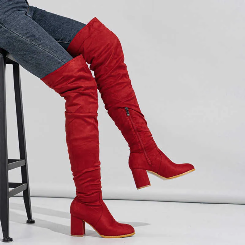 Women's Long Tube Boots High Heels Women's Frosted Thick Heel Elastic Long Tube Over the Knee Boots