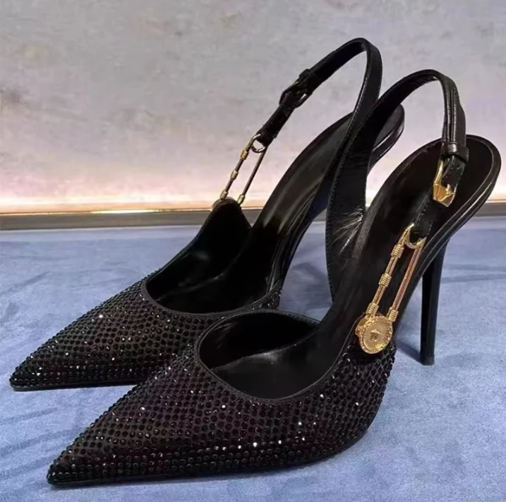 Stylish Rhinestone Sequin Buckle Women's High Heels, Elegant Pointed Toe Slingback Stilettos