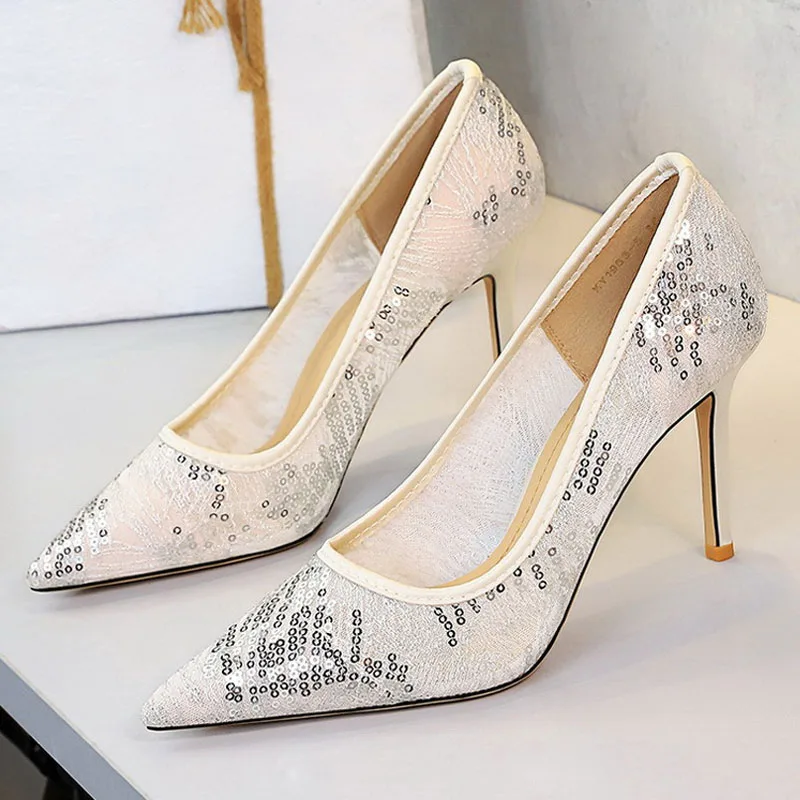 Crystal Sequined Pointed-Toe Stiletto Heels, Elega...