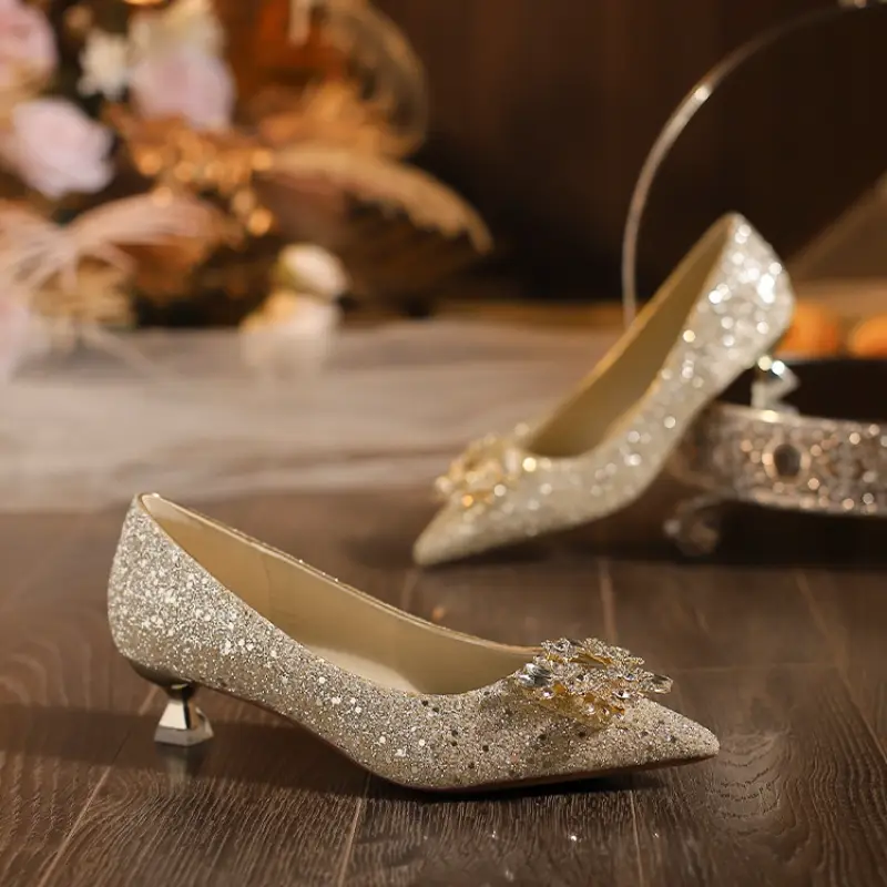 Pointed-Toe Low-Heeled Rhinestone Wedding Shoes, Bridal Shoes, High Heels