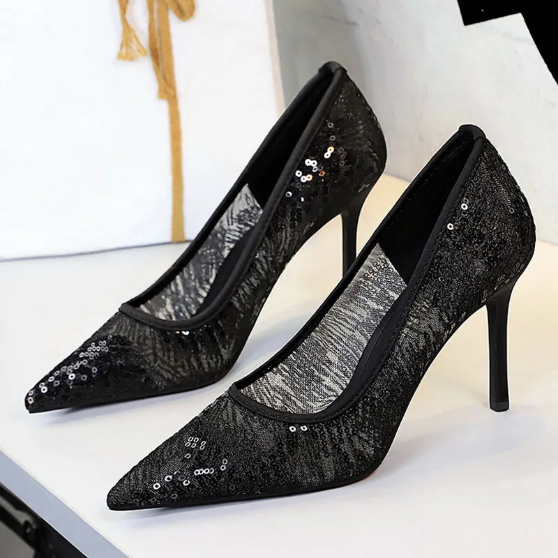 Crystal Sequined Pointed-Toe Stiletto Heels, Elegant For Wedding Parties And Proms