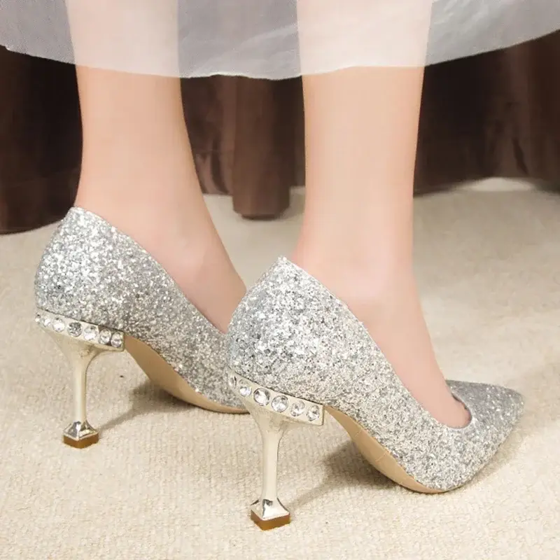 Sequined Women's High Heels, Crystal High Heels, Party Wedding Shoes, Pointed High Heels
