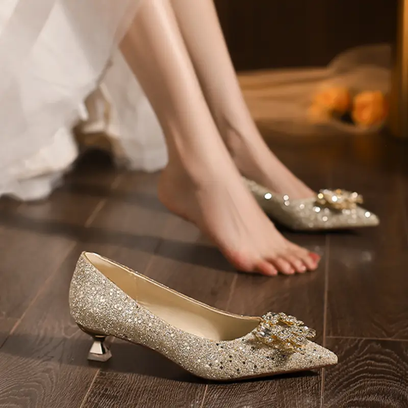 Pointed-Toe Low-Heeled Rhinestone Wedding Shoes, Bridal Shoes, High Heels