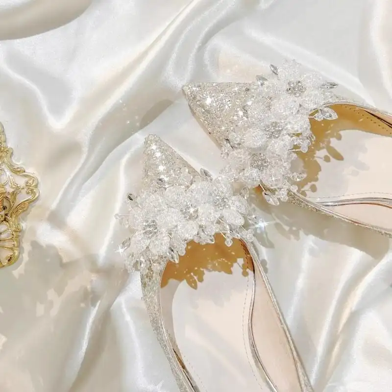 Luxury Rhinestone Wedding Shoes Pointed High Heels Evening Gowns