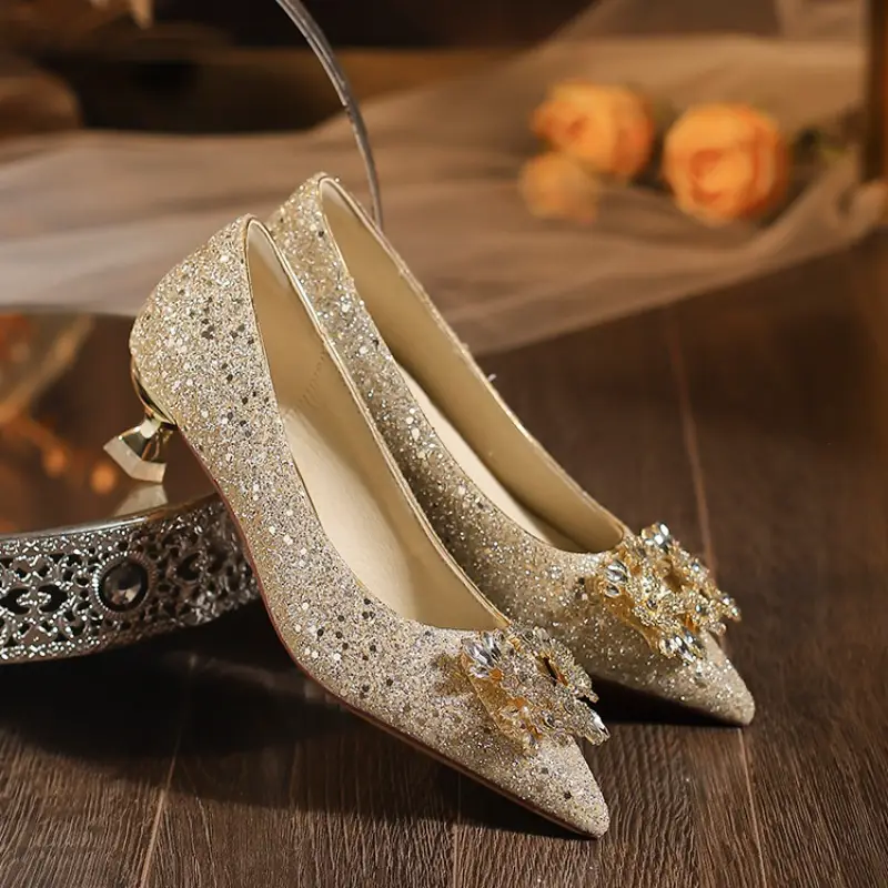 Pointed-Toe Low-Heeled Rhinestone Wedding Shoes, Bridal Shoes, High Heels