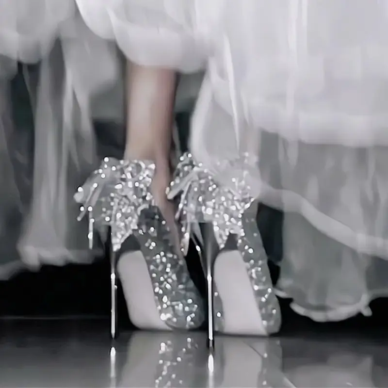 Women's Pointed-Toe Sequined Crystal High Heels, Adorned With A Bow.