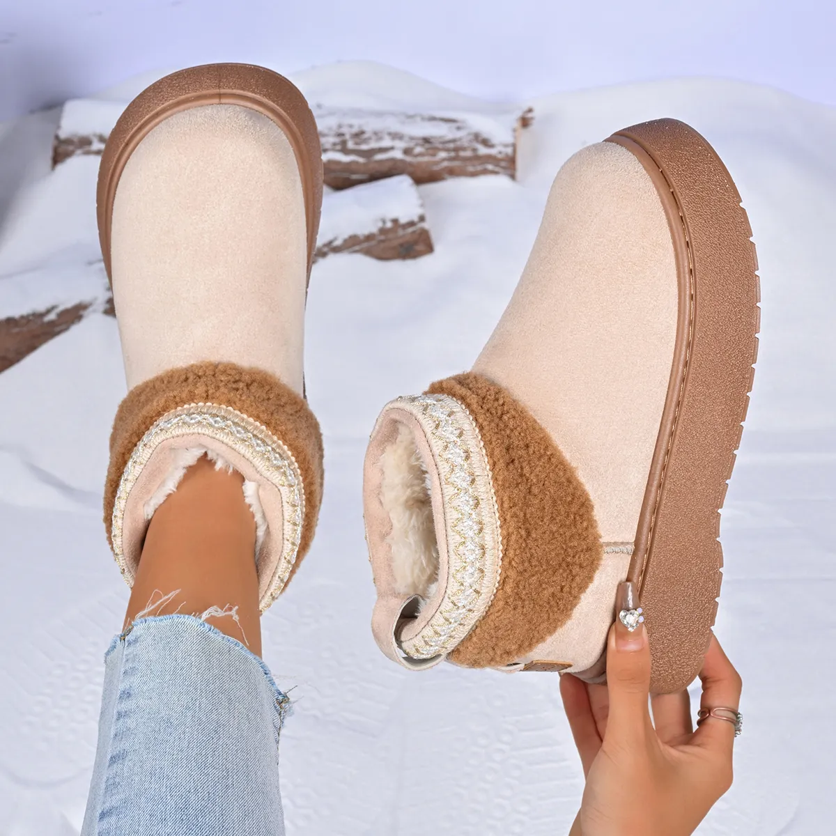 Winter Fashion Warm Thick-Sole Snow Boots for Women Fleece Lining Short Cuff Cotton Boots