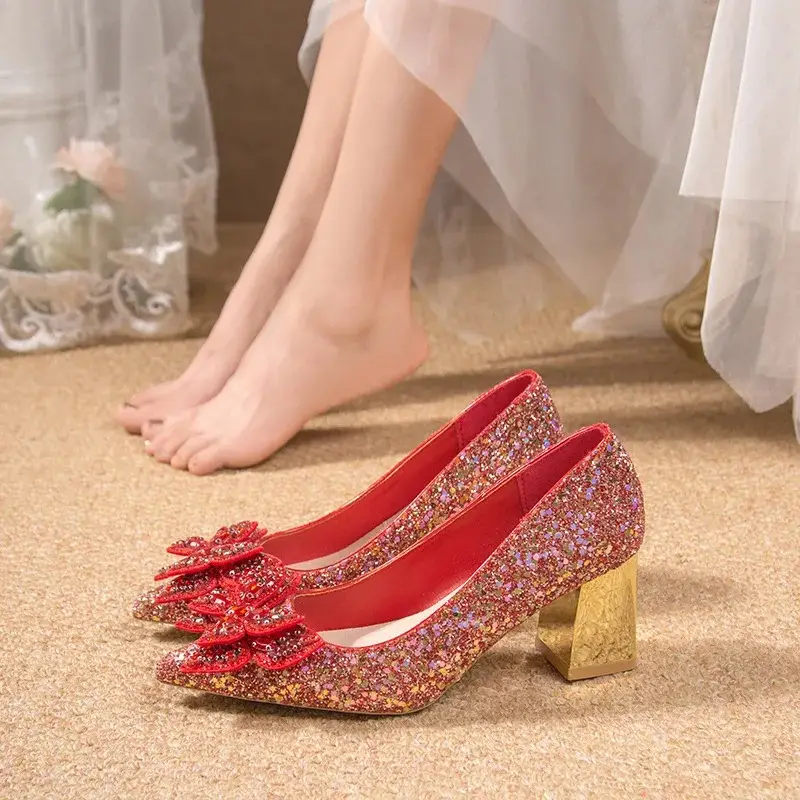 Women's Crystal High-Heeled Chunky Heel Wedding Shoes With Sparkling Sequins