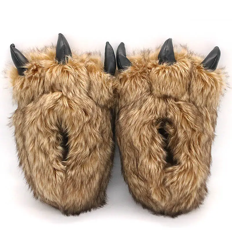 Furry Fur Slippers Men Shoes Creative Slip On Bear Paw Slippers Plush Indoor Shoes