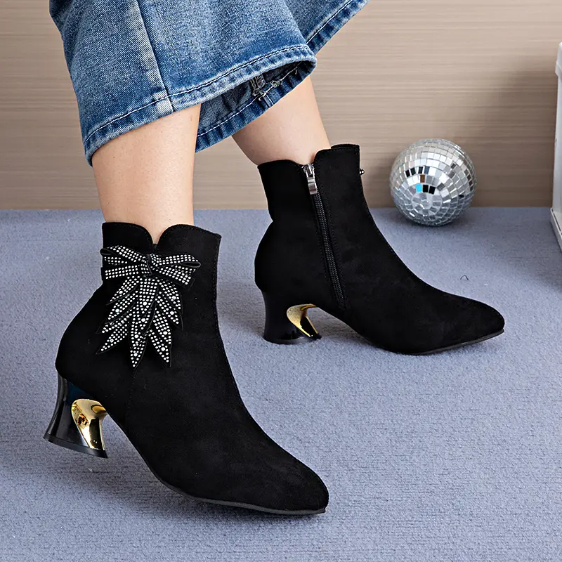 Winter Women's Pointed Toe Ankle Boots Suede with Block Heel and Side Zipper Comfortable Casual Fashion Boots