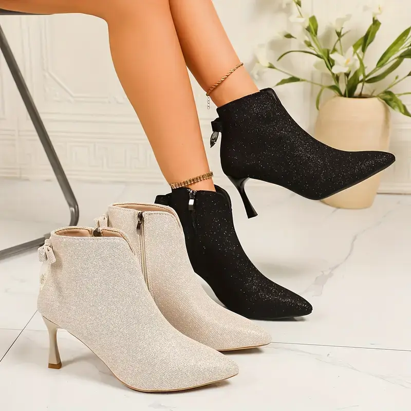 Autumn Winter Women's Short Boots Versatile Sexy Elegant Stiletto Pointed Toe Ankle Boots Fleece-Lined for Warmth High Heels
