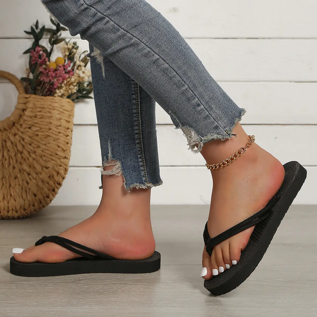 Women's Fashion Trend Pure Black Belt Anti-Slip We...