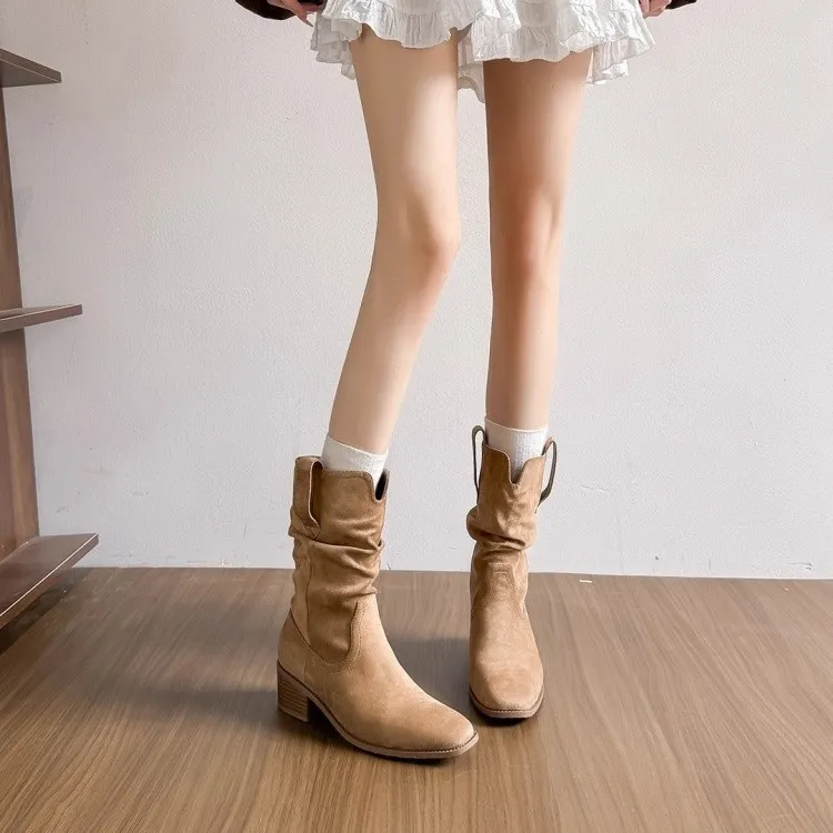 Pleated Suede Ankle Boots for Women Vintage Women Height-increasing Boots